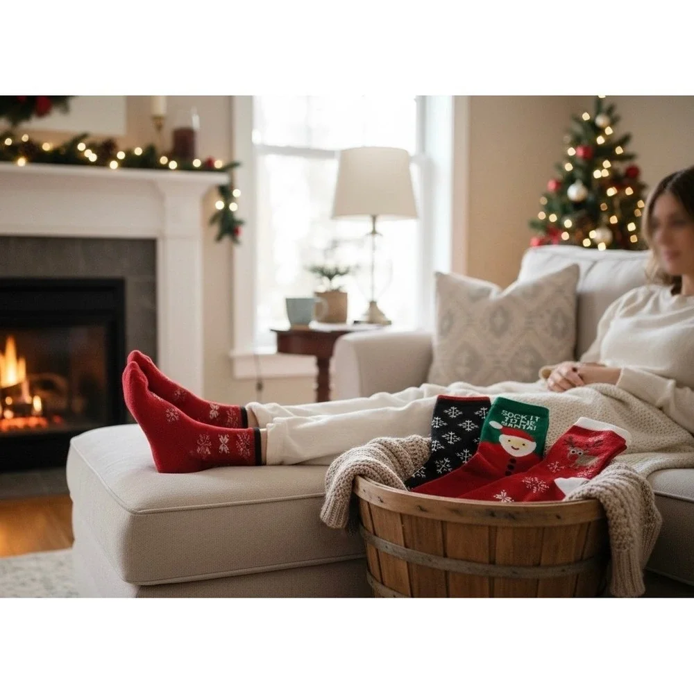 Novelty‎ Christmas Knit Socks 5.5-8.5 US Holiday Unisex Soft Reindeer 5 Pk NEW